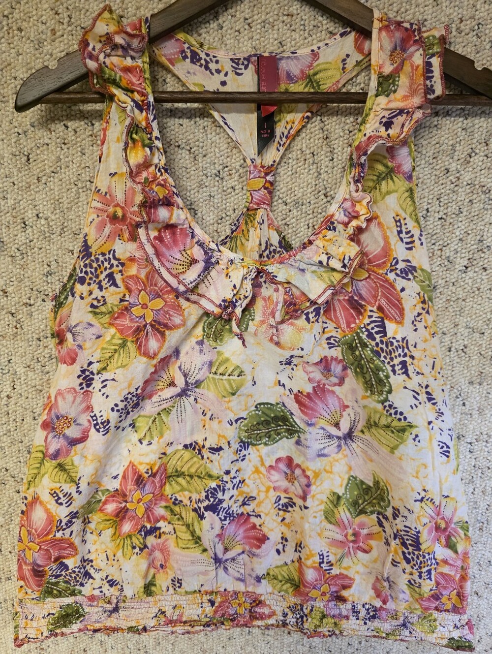Cotton Floral Ruffle Him Sleeveless Women's Tank Top - Floral Multicolor Size 1x